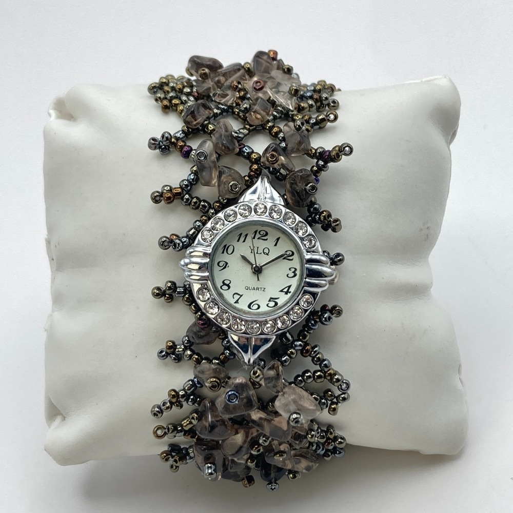 Artisan Womens Watch Beaded Gemstone Silver Tone Crystals New Battery 7.25" - Picture 3 of 16